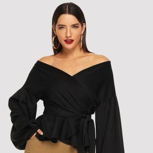 FERNANDO STYLE Off Shoulder Satin-Face Wrap Top